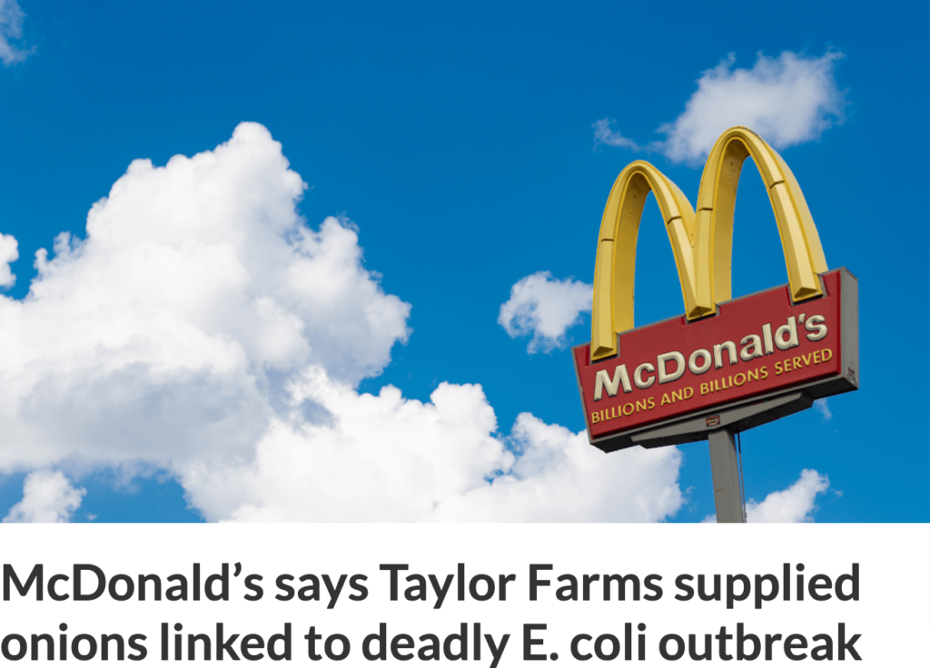 News article headline "McDonald’s says Taylor Farms supplied onions linked to deadly E. coli outbreak"
