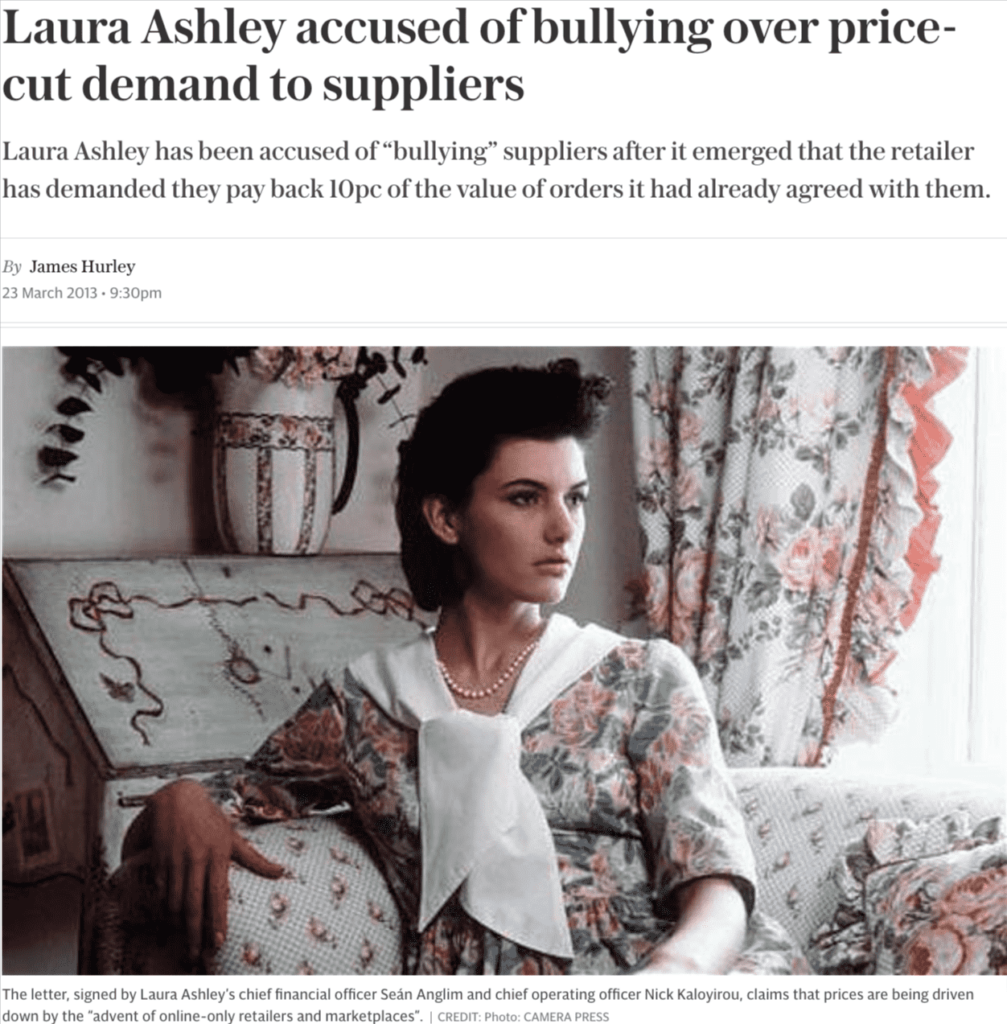 News article headline "Laura Ashley accused of bullying over price-cut demand to suppliers"
