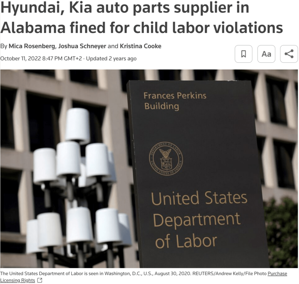 News article headline "Hyundai, Kia auto parts supplier in Alabama fined for child labor violations"