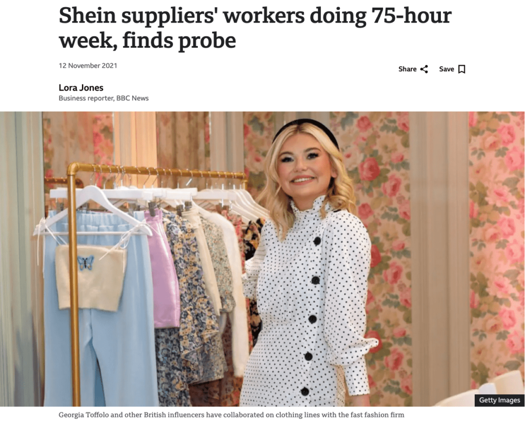 News article headline "Shein suppliers' workers doing 75-hour week, finds probe"