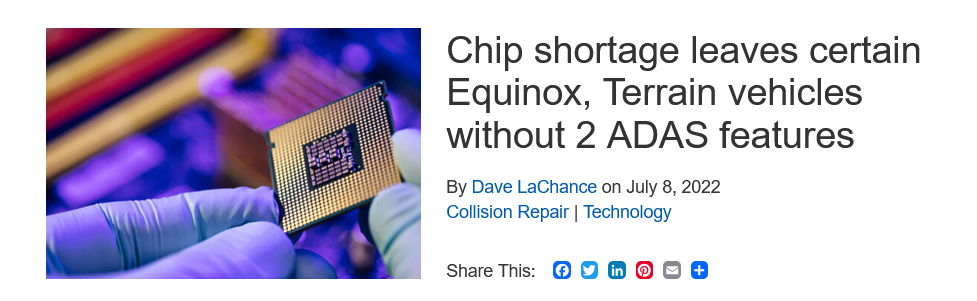 News article headline "Chip shortage leaves certain Equinox, Terrain vehicles without 2 ADAS features"
