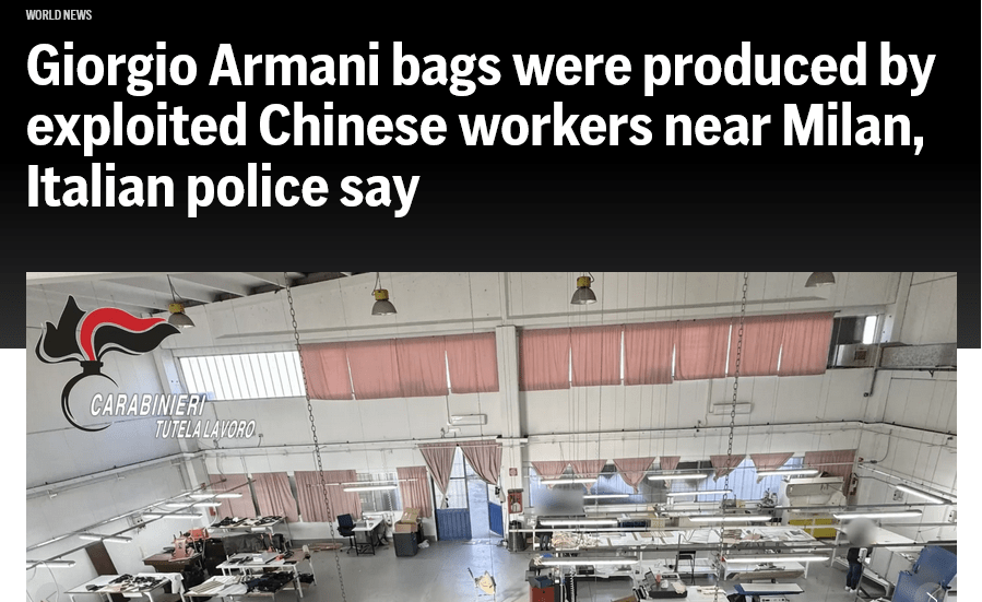 News article headline "Giorgio Armani bags were produced by exploited Chinese workers near Milan, Italian police say"