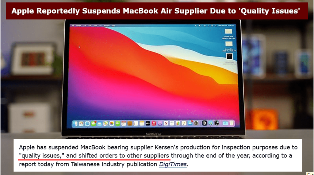 News screenshot reporting that Apple has suspended a MacBook Air supplier due to quality issues, shifting orders to other suppliers