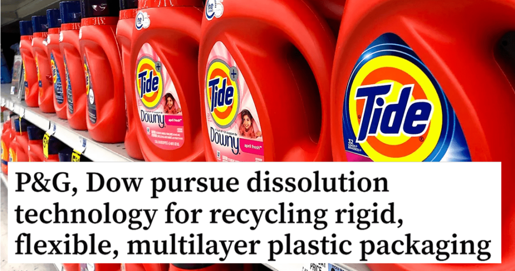 Image of Tide detergent bottles on a store shelf with an overlayed news headline about P&G and Dow developing dissolution technology for recycling multilayer plastic packaging