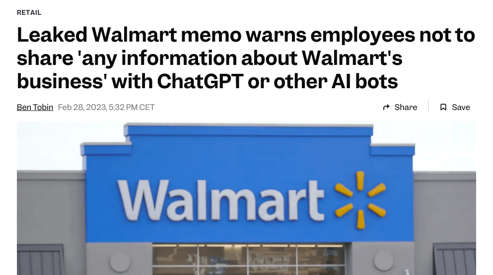 News headling titled "Leaked Walmart memo warns employees not to share 'any information about Walmart's business' with ChatGPT or other AI bots"