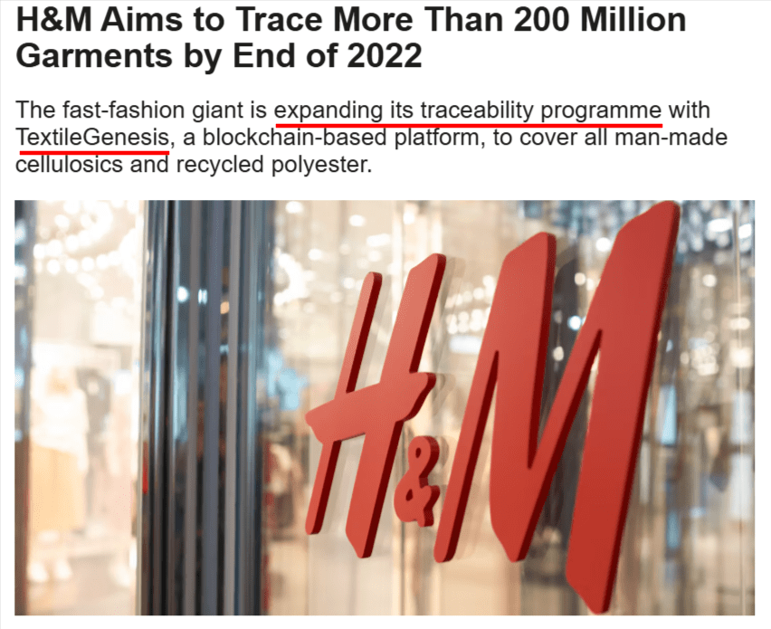 A news article titled "H&M Aims to Trace More Than 200 Million Garments by End of 2022."