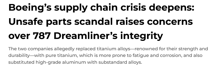 Boeing supply chain crisis part of news article – issues with unsafe parts affecting aircraft integrity
