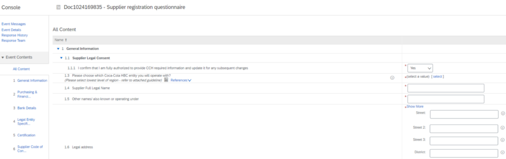 Screenshot of a supplier registration questionnaire form