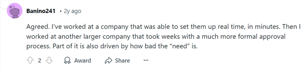 Reddit user comment describing his experience with company approval processes