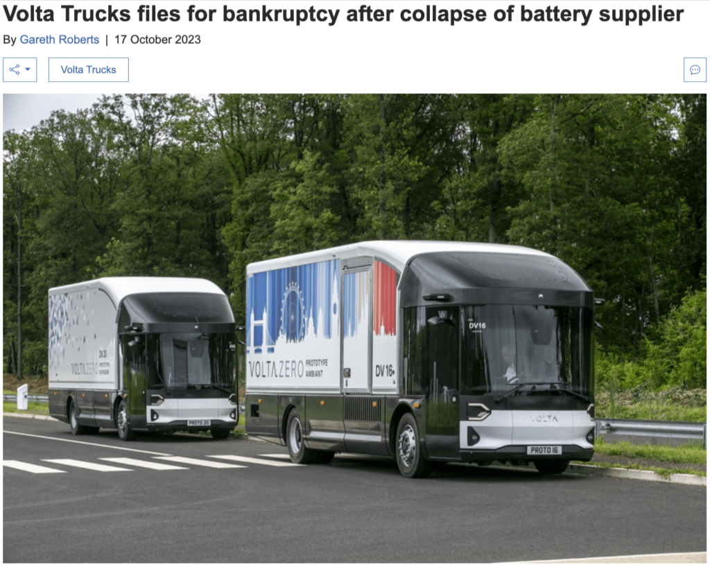 Two Volta Zero electric trucks parked on a road after the company filed for bankruptcy following battery supplier collapse