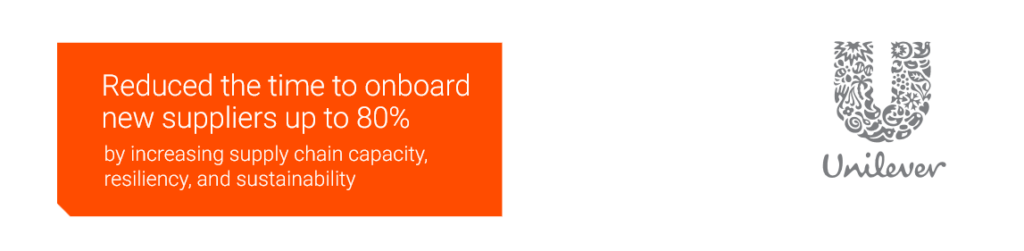 Unilever claim in orange box stating they reduced supplier onboarding time by up to 80% by increasing supply chain capacity, resiliency, and sustainability