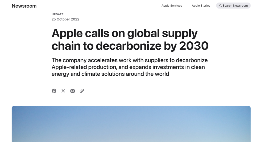 Apple newsroom update announcing the company's goal to decarbonize its global supply chain by 2030