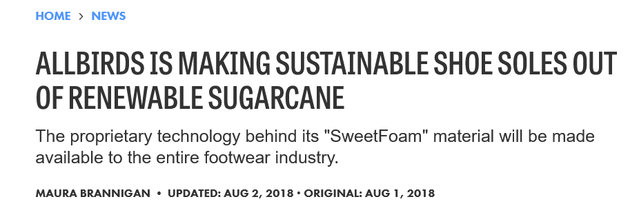 News headline about Allbirds creating sustainable shoe soles from renewable sugarcane