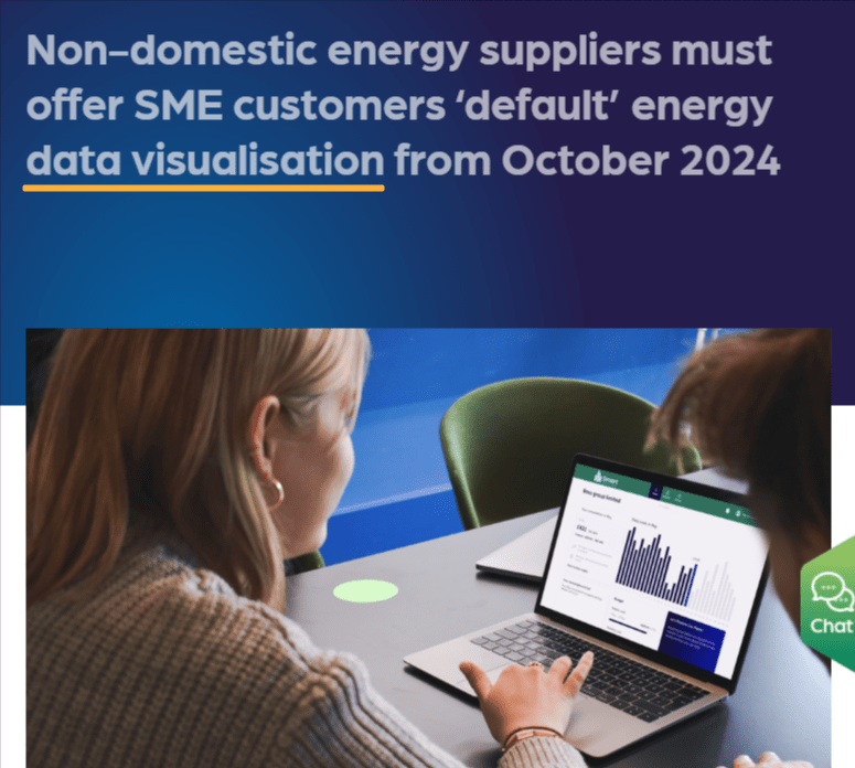 two people looking at energy data visualisation on a laptop screen, with a headline about new UK energy regulations starting in October 2024