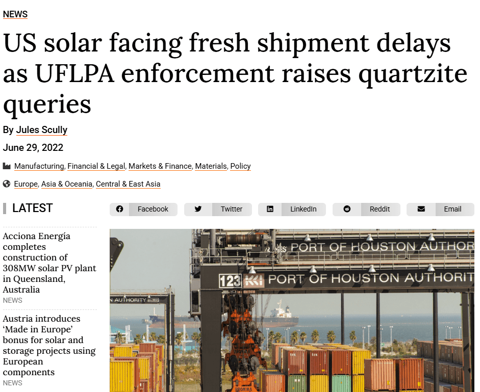 News headline "US solar facing fresh shipment delays as UFLPA enforcement raises quartzite queries"