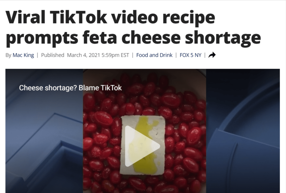 News headline from FOX 5 NY reading "Viral TikTok video recipe prompts feta cheese shortage"