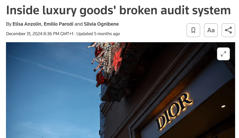 Headline exposing the broken audit system in the luxury goods industry