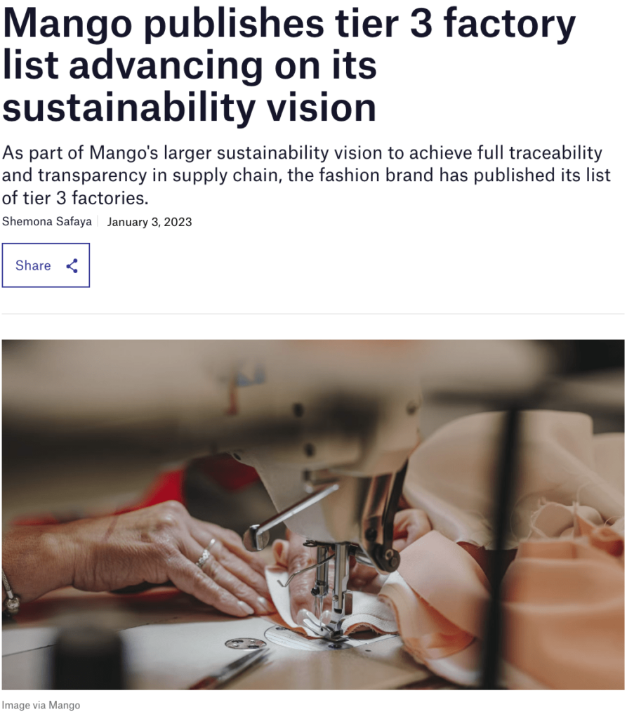 Hands sewing fabric with an industrial machine in a textile factory, representing Mango's tier 3 supply chain transparency