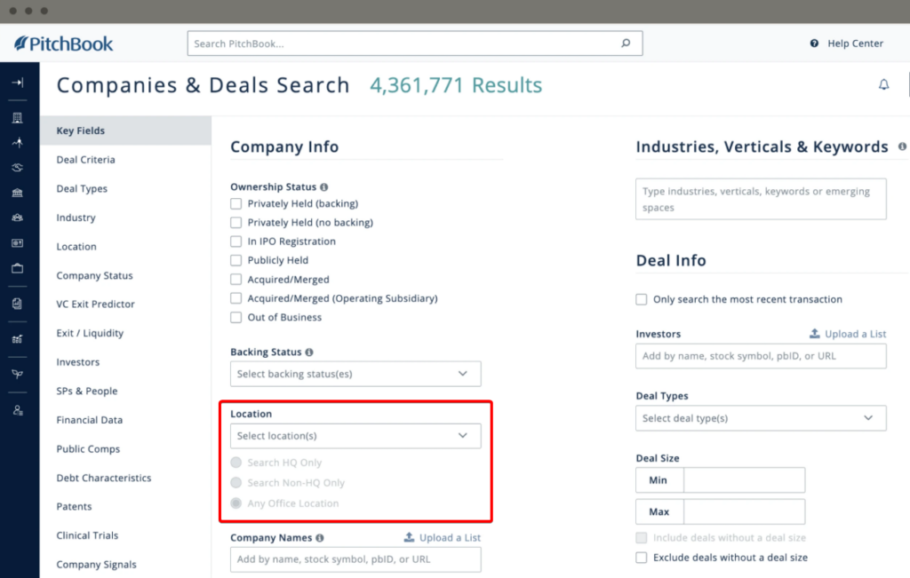 PitchBook dashboard