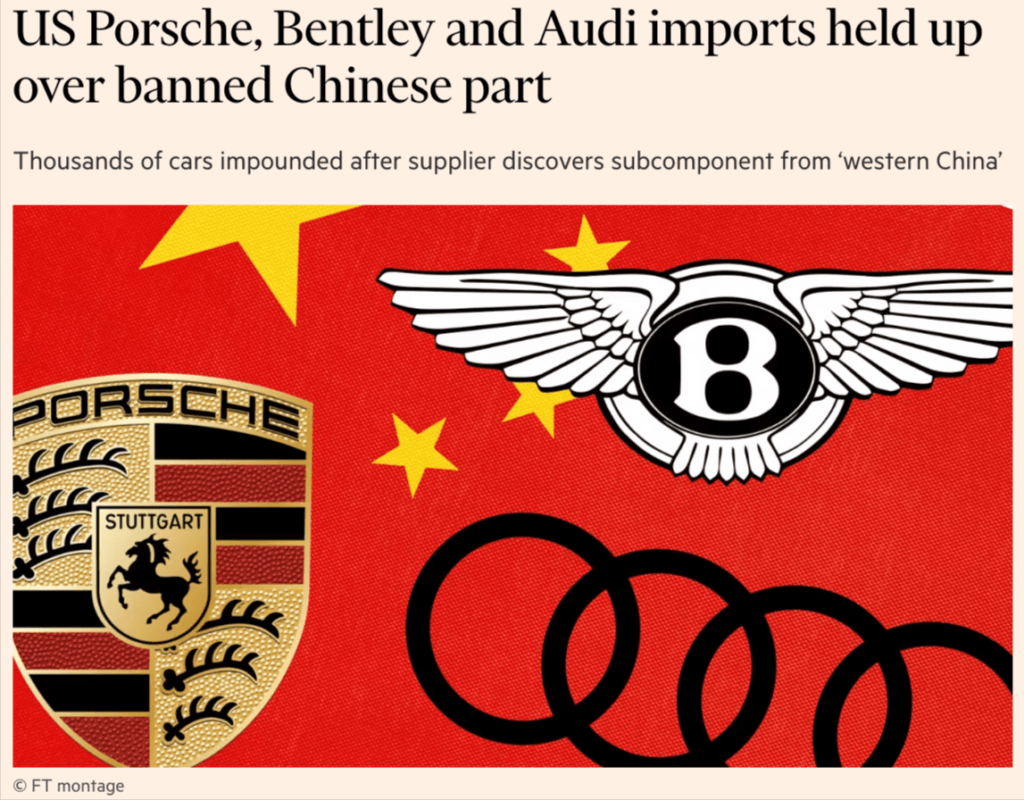 Headline about US Porsche, Bentley, and Audi imports delayed due to a banned Chinese part
