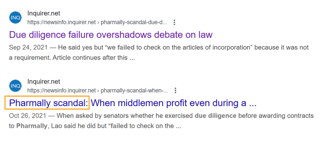 Google search snippet showing headlines from Inquirer.net discussing the Pharmally scandal and due diligence failures in contract awarding