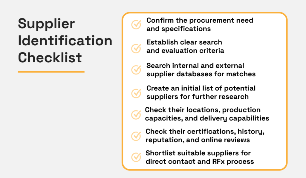 Supplier identification checklist -confirming procurement needs, setting evaluation criteria, searching databases, creating supplier lists, checking locations and capabilities, and reviewing certifications and reputations