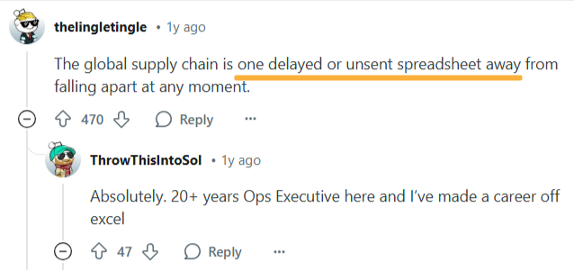Screenshot of Reddit thread stating the global supply chain is vulnerable to a single delayed or unsent spreadsheet