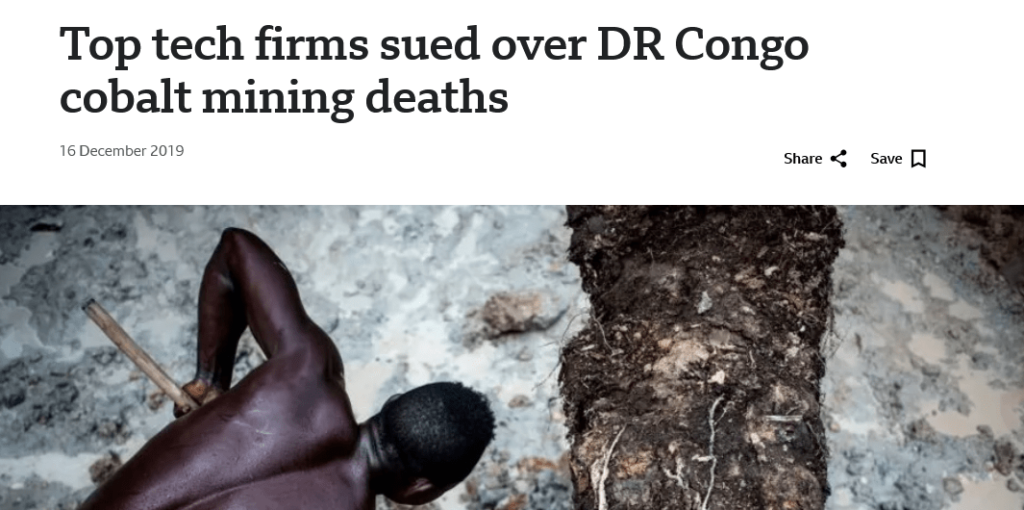 BBC article headline "Top tech firms sued over DR Congo cobalt mining deaths"