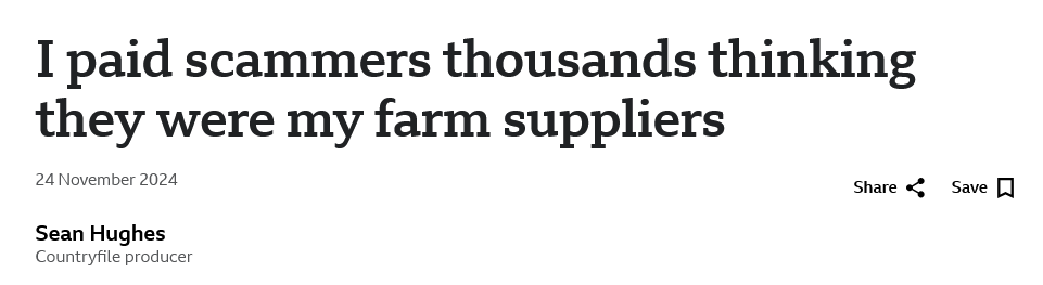 News headline where a farmer says he paid scammers thousands believing they were legitimate suppliers