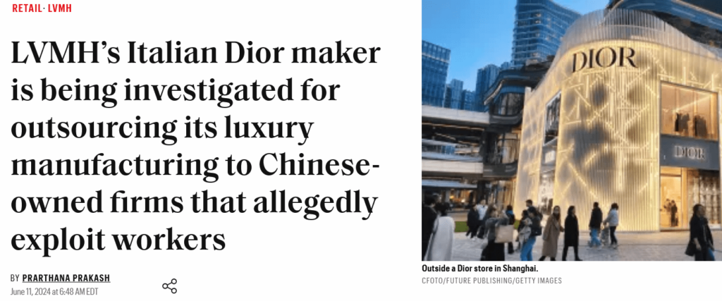 Headline reporting that LVMH's Italian Dior supplier is under investigation for outsourcing to Chinese-owned firms accused of worker exploitation