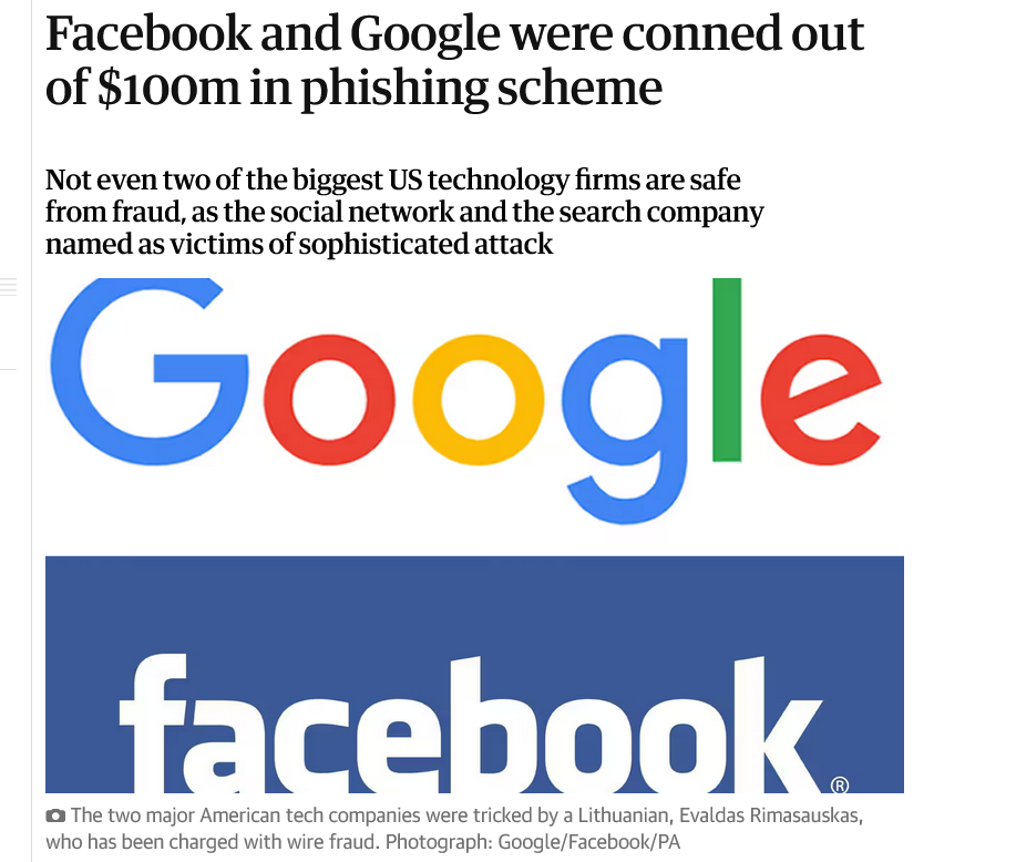 News report about Facebook and Google losing $100 million in a phishing scam with logos of both companies