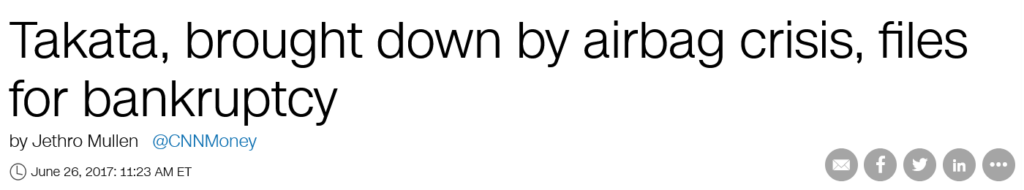 Headline about Takata filing for bankruptcy in 2017 due to the airbag crisis