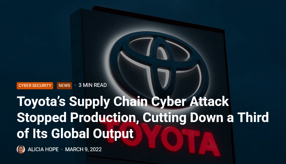 News headline reporting that a cyberattack on Toyota’s supply chain halted production and reduced global output by one-third