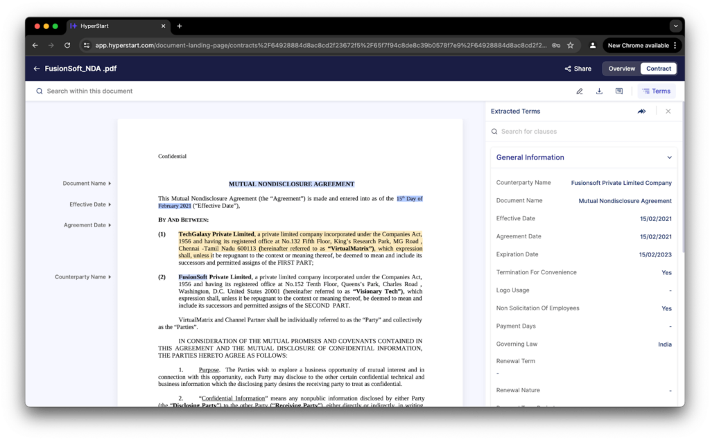 Screenshot of NDA document analysis platform