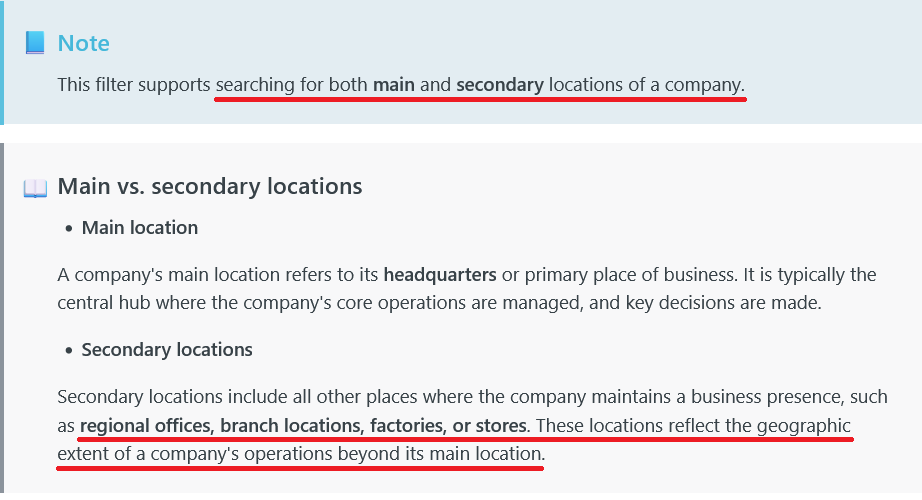 Explanation of the difference between main and secondary business locations, noting that secondary includes regional offices, branches, factories, and stores