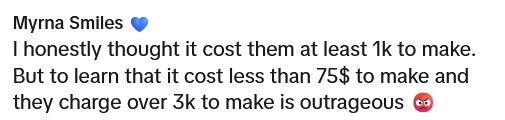 Comment expressing outrage about a luxury item costing less than $75 to make and being sold for over $3,000, with angry face emoji