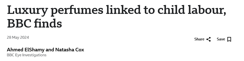 BBC article headline stating "Luxury perfumes linked to child labour, BBC finds"