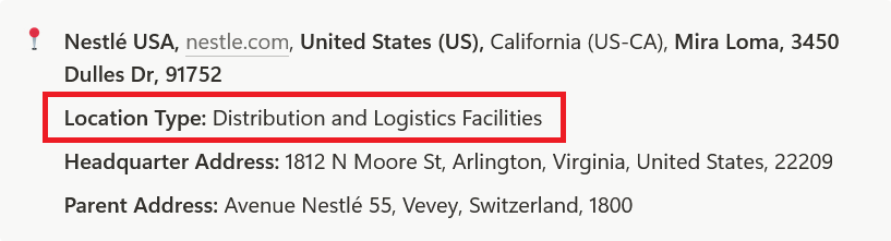 Business address for Nestlé USA with location type highlighted as Distribution and Logistics Facilities