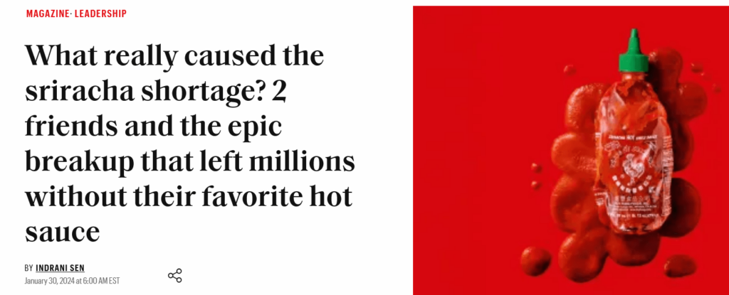 Article headline explaining the sriracha shortage caused by a dispute between business partners