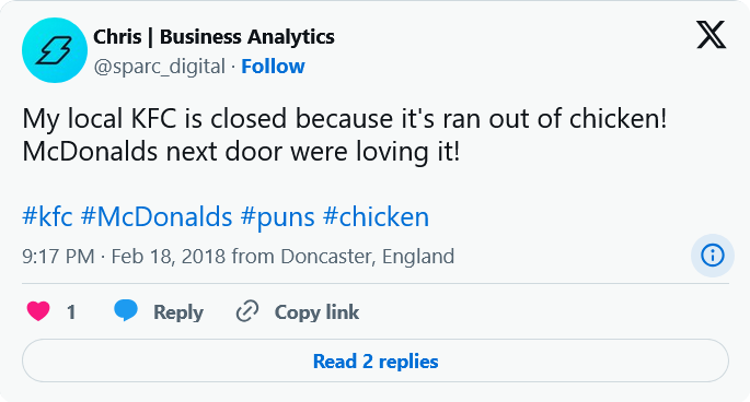 Tweet showing a customer complaining about KFC being closed due to running out of chicken