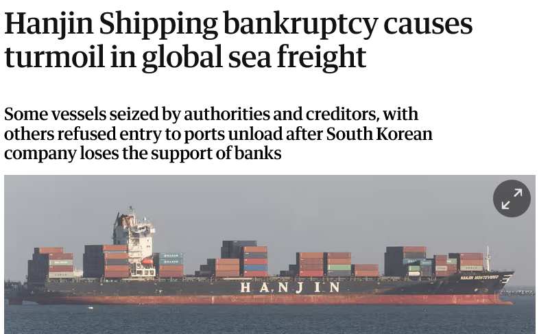 News headline about Hanjin Shipping bankruptcy disrupting global freight, with image of a container ship