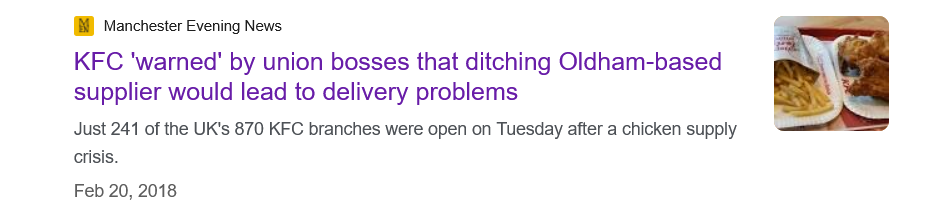 News snippet headline from Manchester Evening News warning KFC about delivery issues after dropping Oldham-based supplier