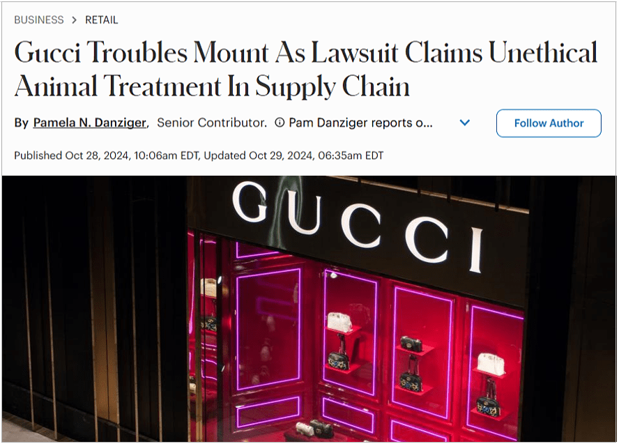 News article headline "Gucci Troubles Mount As Lawsuit Claims Unethical Animal Treatment In Supply Chain"