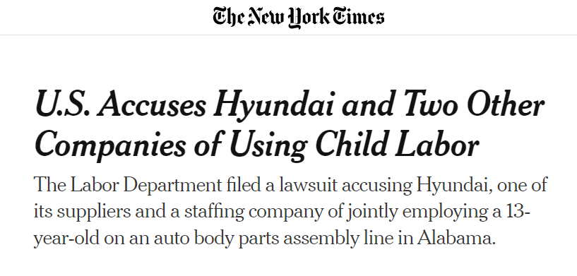 News article headline "U.S. Accuses Hyundai and Two Other Companies of Using Child Labor"