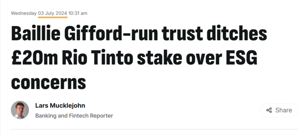 News article headline "Baillie Gifford-run trust ditches £20m Rio Tinto stake over ESG concerns"