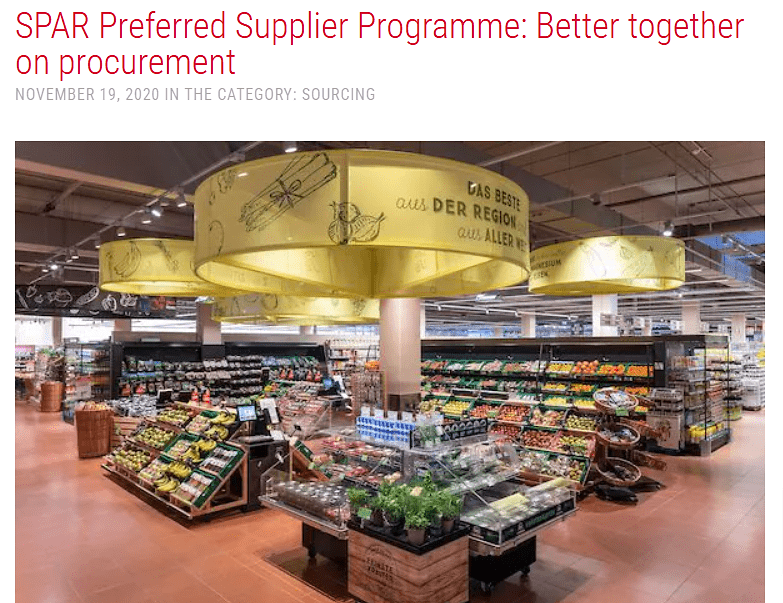 SPAR supermarket fresh produce section under banners promoting regional sourcing as part of supplier programme
