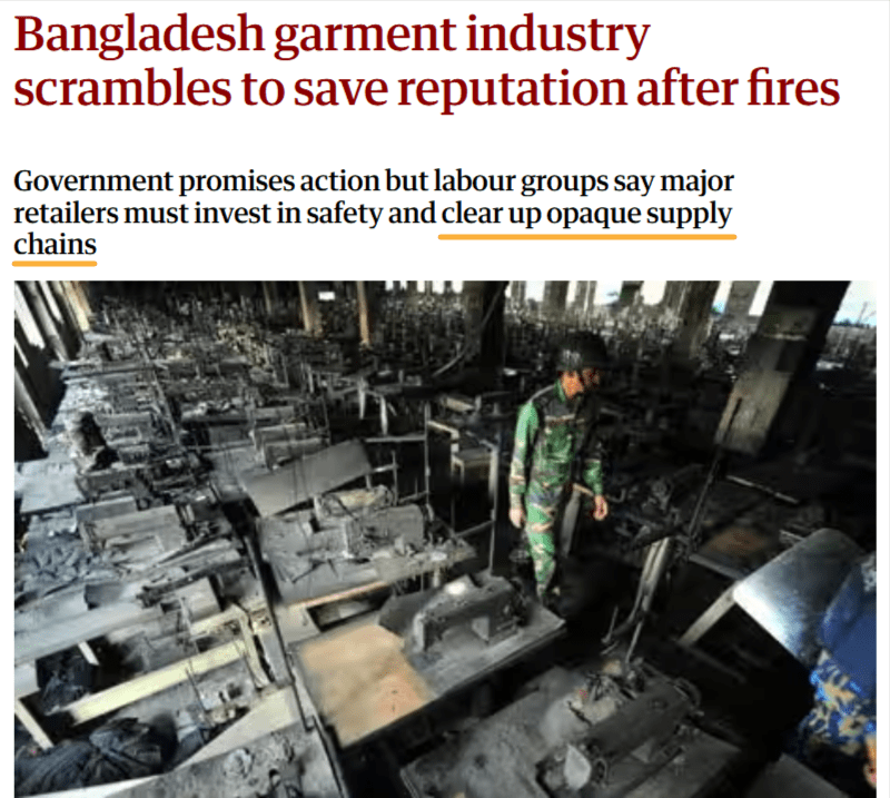 News article headline "Bangladesh garment industry scrambles to save reputation after fires"