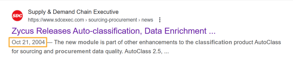 Search snippet from SDC Executive titled "Zycus Releases Auto-classification, Data Enrichment"