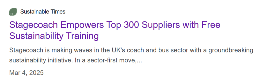 Headline about Stagecoach offering free sustainability training to top 300 suppliers