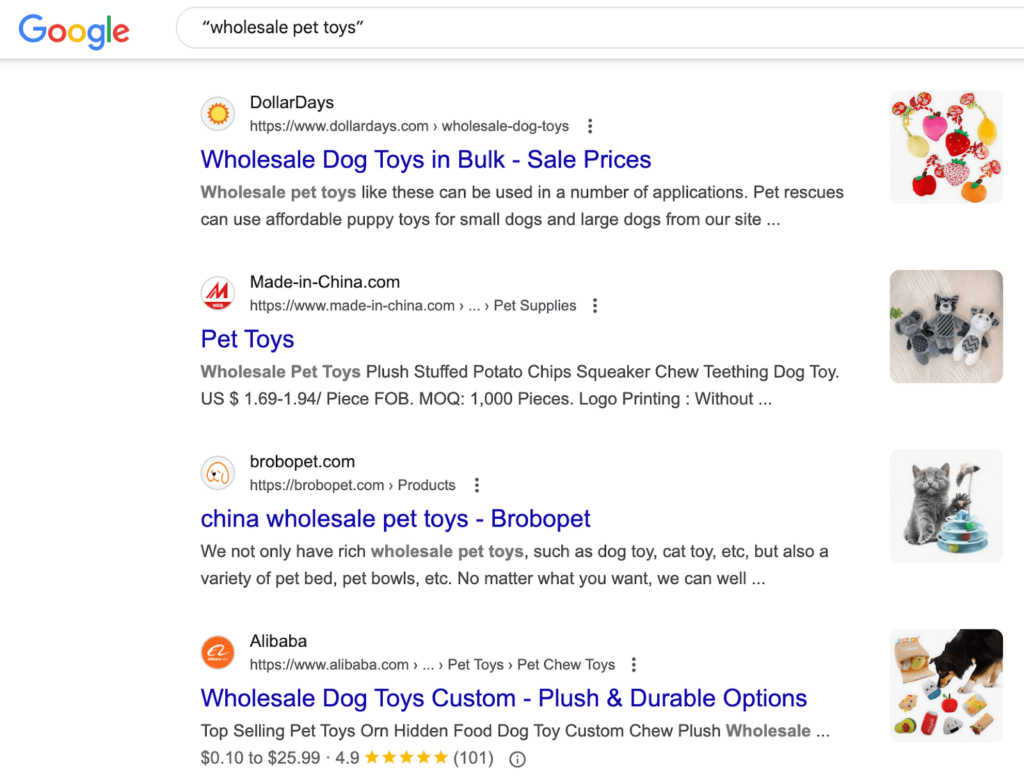 Google search result for "wholesale pet toys"